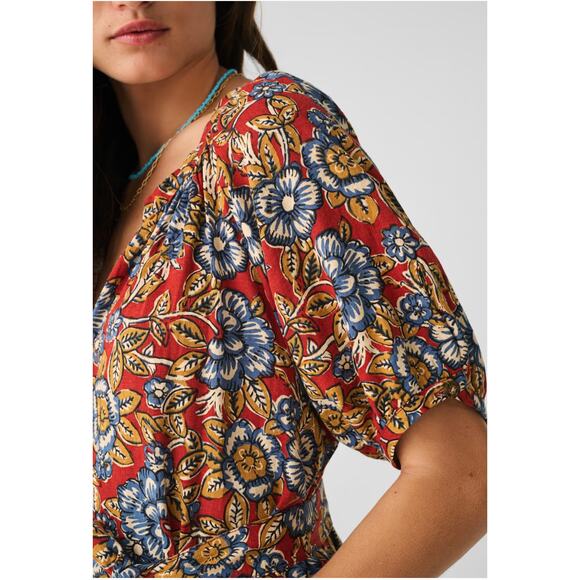 FAHERTY NWT Carmel Linen Blend Tie Waist Red Floral Button Down Midi Dress // M - Picture 3 of 16